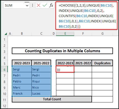 Using UNIQUE function to count duplicate values in Excel