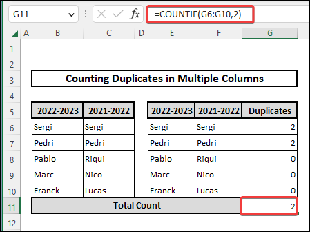 Add a formula to count total duplicate values from multiple columns