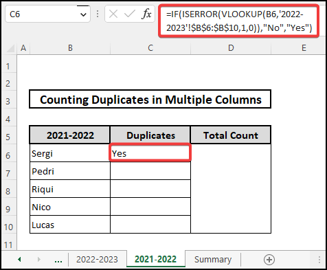 Input a formula to find duplicate values through sheets
