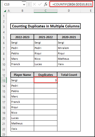 Use of COUNTIF function to count duplicate values from cell range