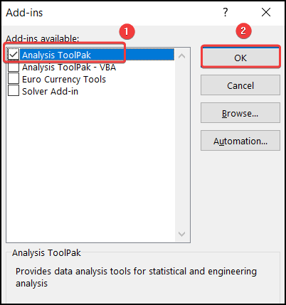 Selecting the Analysis ToolPak from the Add-ins