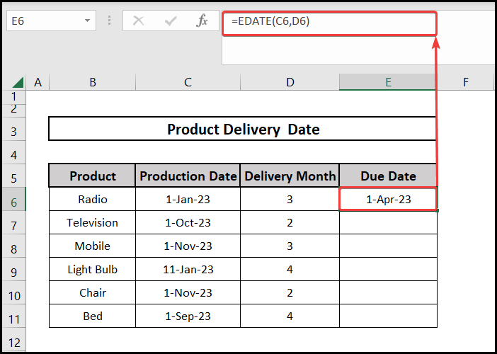 Using the EDATE function for the due date formula in excel