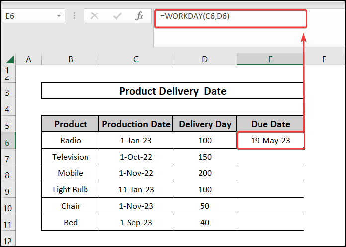 Using the WORKDAY function for the due date formula in excel
