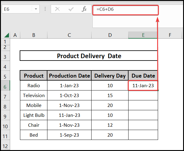 Adding values for the due date formula in excel