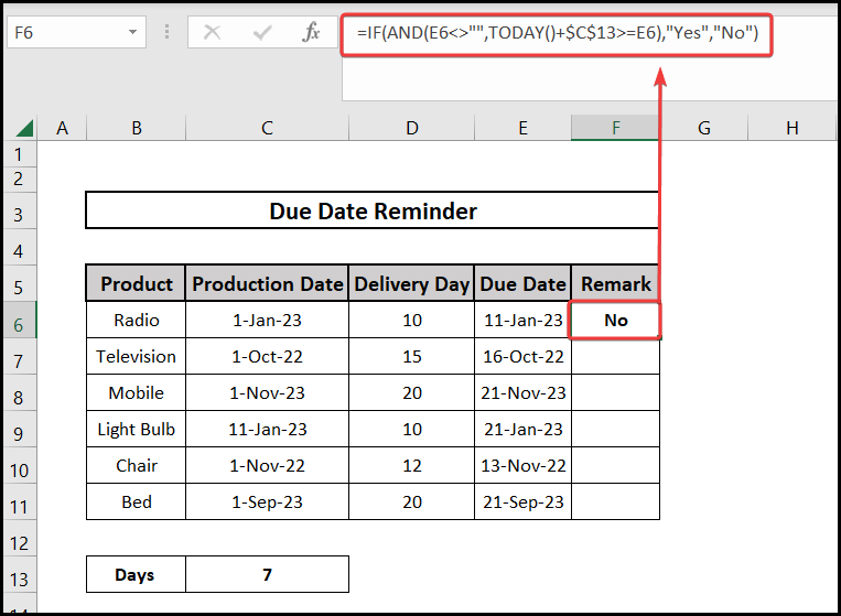 Using both IF & AND functions for the due date reminder formula in excel