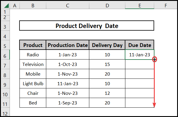 Using the fill handle for the due date formula in excel