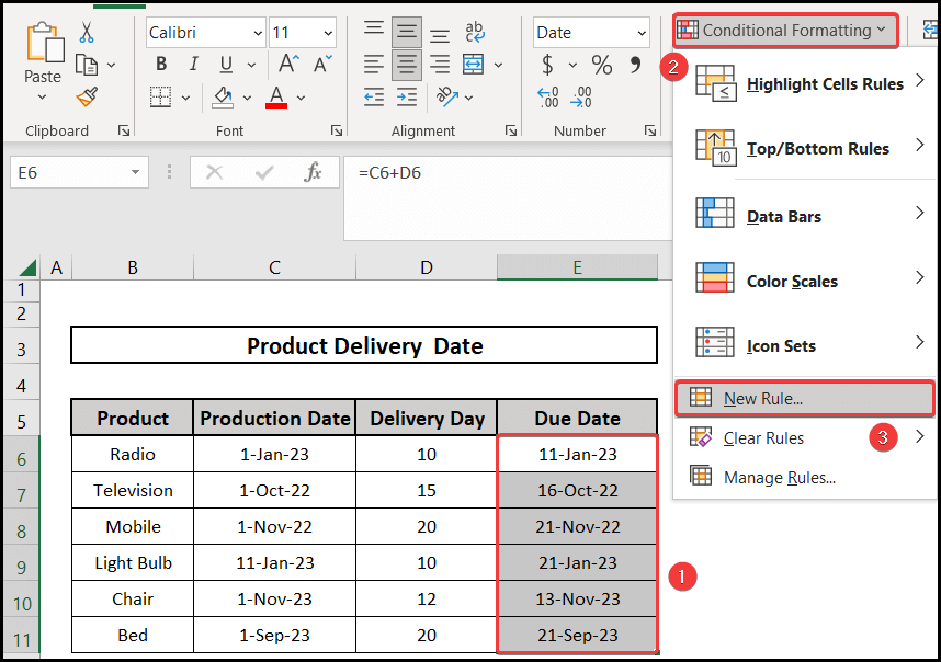 Applying conditional formatting for the due date formula in excel