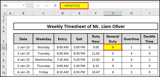 Computing General duty hours utilizing the MIN function in Excel.