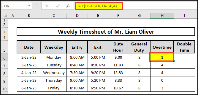 Obtain Overtime using the IF function containing the formula in excel.