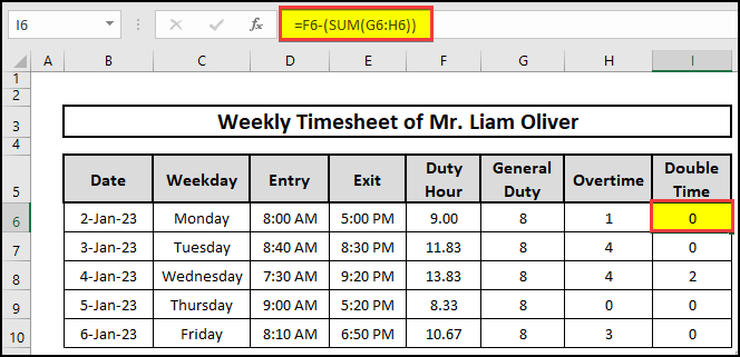 Use of SUM function containing the formula to measure Double time in excel.