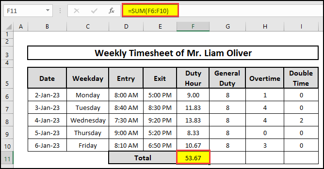 Use of SUM function to calculate total duty hours in excel.