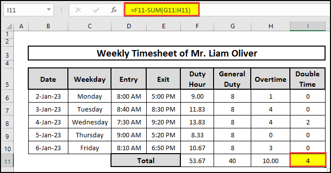 Use of SUM function to compute Double time in Excel.