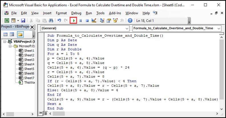 Implement a VBA code to calculate total duty hours, overtime and double time in Excel.