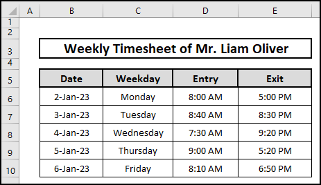 Dataset named Weekly Timesheet of Mr. Liam Oliver