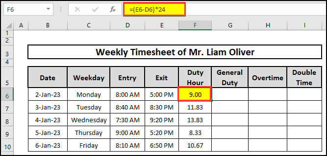 Calculation of general duty hours from entry time and exit time.