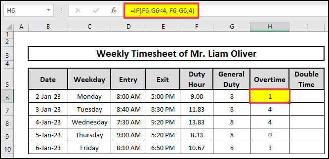 Calculation of Overtime using IF function containing formula in excel.