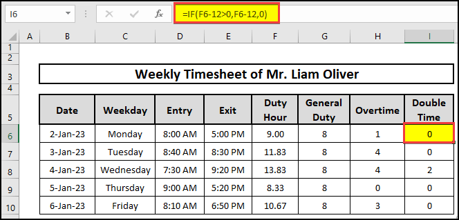 Calculation of Double time using IF function containing formula in excel.