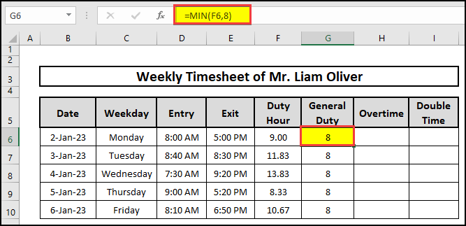 Calculation of General duty hours using the MIN function in Excel.