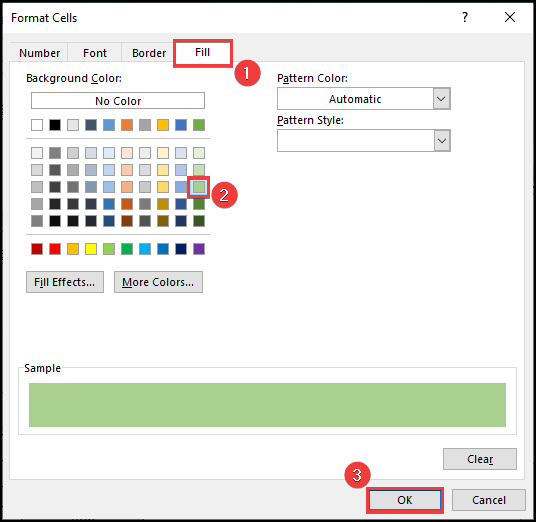 Select color from the Format Cells box.