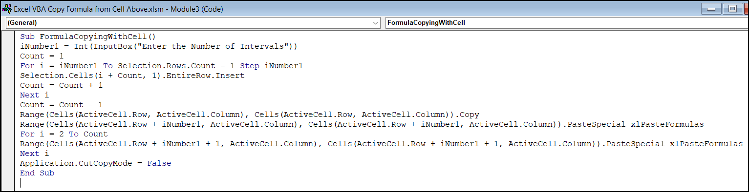 VBA code to apply user-defined intervals to copy the formula from the above cell in Excel