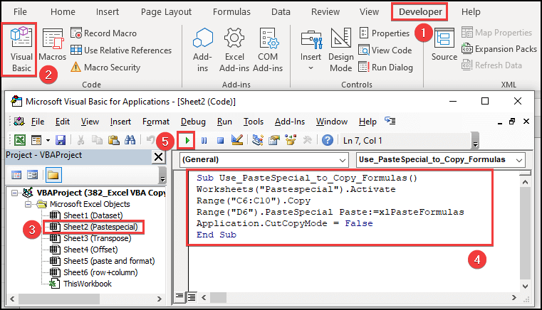 VBA PasteSpecial feature to copy formulas with relative references into another range of cells in Excel.