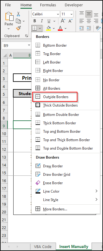 Inserting page breaks manually by outside borders 