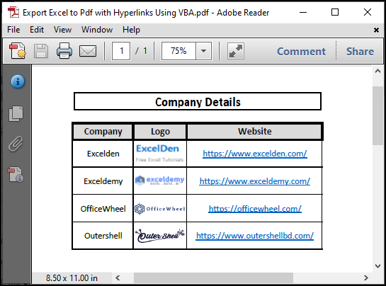 The Excel file is exported into a PDF file with hyperlinks. 