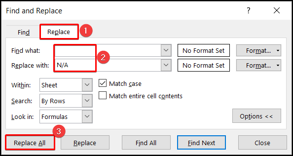 Find and Replace box to fill blank cells with NA in Excel.