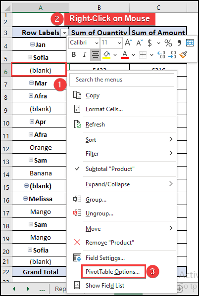 Pivot Table Options from the Context menu.