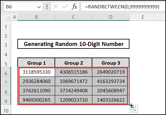 Applying RANDBETWEEN function for generating any random 10-digit number in Excel