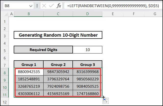 Combining LEFT and RANDBETWEEN functions to generate any random 10-digit number in Excel