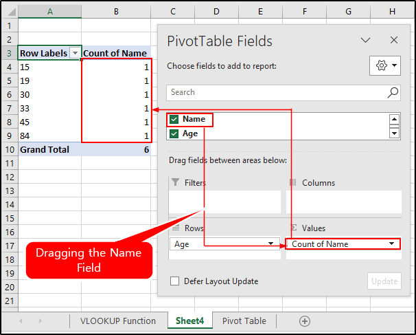 Insert the Values in the pivot table that are to be counted