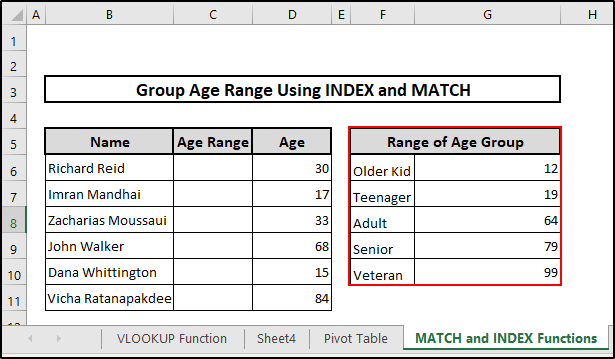 Inserting the range of age groups as a table