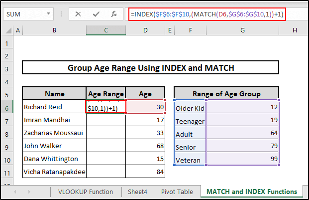 Insert formula based on INDEX and MATCH functions to group age range in excel vlookup