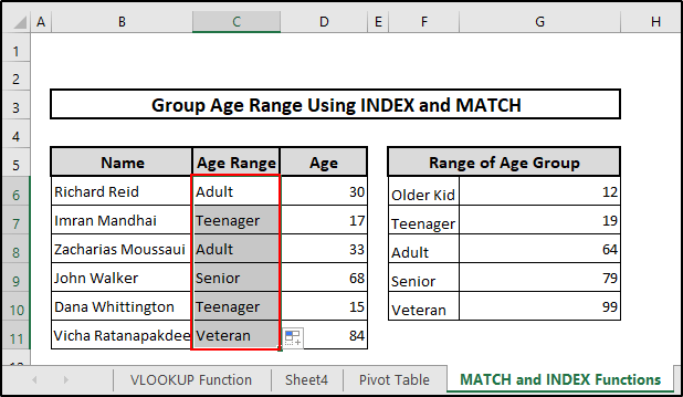 Filled cells by dragging the Fill Handle icon to group age range in excel vlookup
