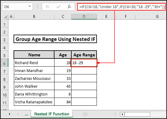 Result applying a formula based on the Nested IF to group age range in excel vlookup