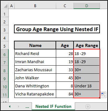 Other cells are filled after dragging the Fill handle icon downward to group age range in excel vlookup