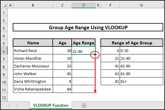 Use the Fill Handle icon to fill the rest of the cells to group age range in excel vlookup