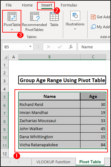 Inserting a Pivot Table to group age range in excel vlookup