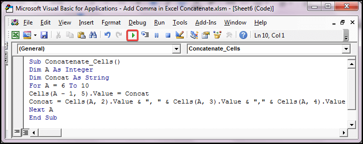 Excel VBA box to insert code to concatenate with commas.