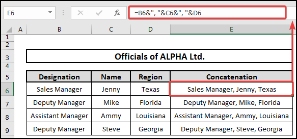Use of Ampersand to add comma in the concatenated cell Excel.