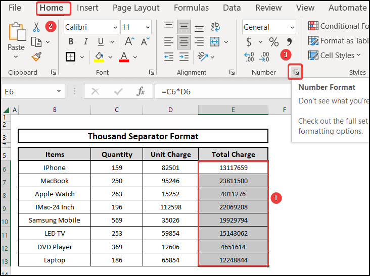 Selecting Number Format from the Home tab