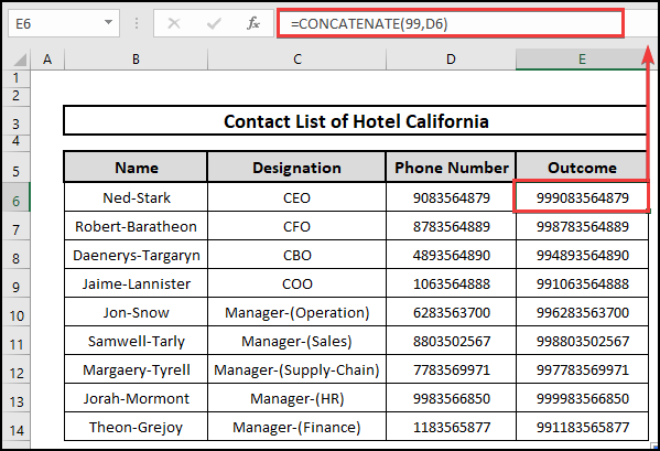 CONCATENATE function to add numbers in front of an existing number in Excel.