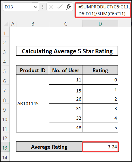 Automatically determine the average 5 star rating in excel