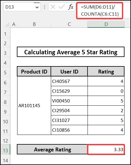 Calculating average 5 star rating from random users in excel