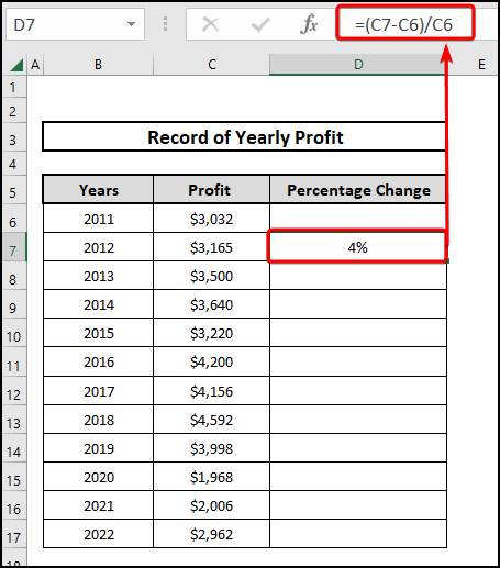 Using the Excel formula to calculate the percentage change