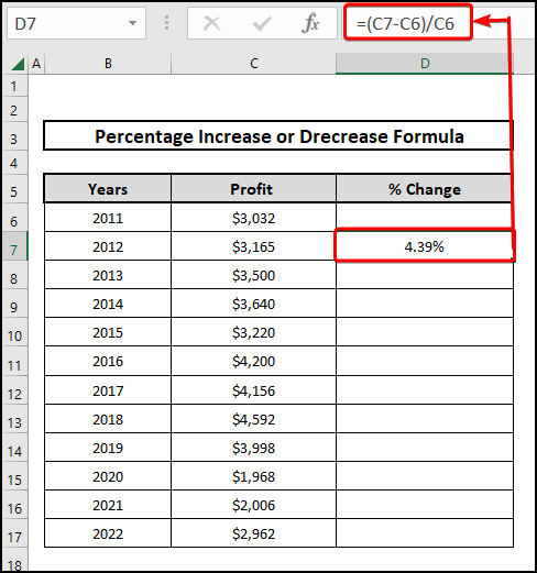 Using the Excel formula to calculate the percentage change