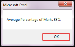 Output of Average percentage of Marks calculator using VBA code.