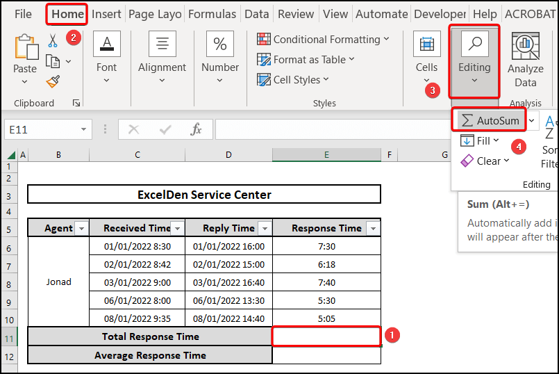 Selecting the Autosum option from the Home tab to calculate average response time in Excel