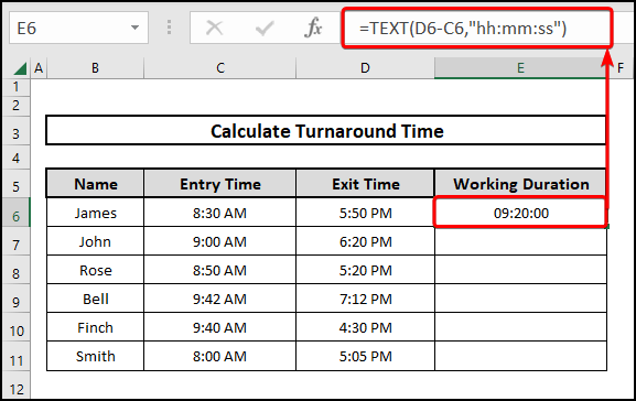 Using the TEXT function to calculate the turnaround time in Excel